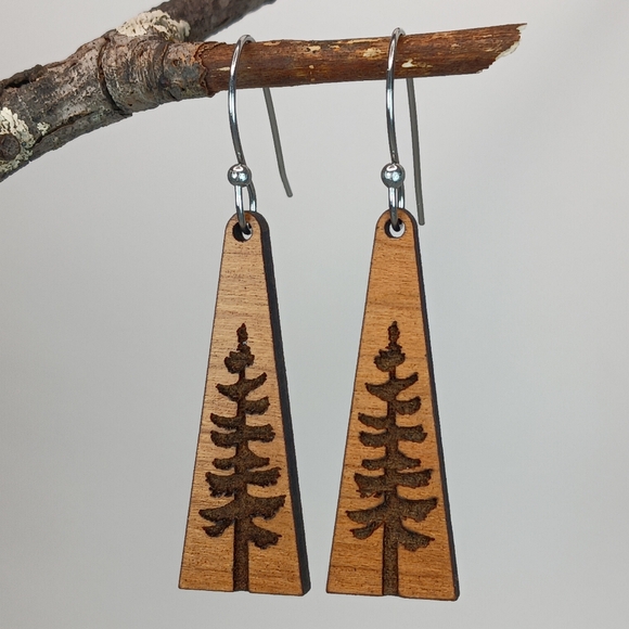 Hand Crafted Jewelry - HAND CRAFTED EARRINGS Rustic Cherry Wood Evergreen Pine Tree Dangle
